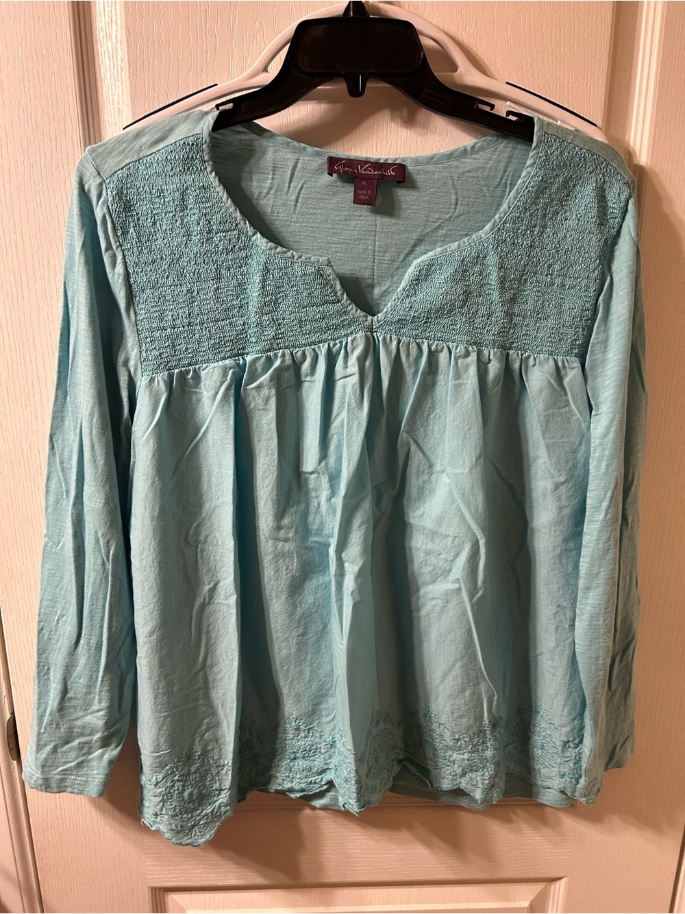 Christopher & Banks Aqua Embroidered Cotton Peasant Top